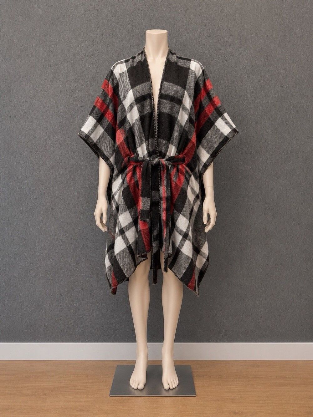 Anne Klein Womens Plaid Ruana Kimono Cape Wrap Belted Poncho Cozy One Size